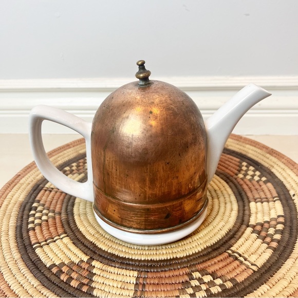 Vintage Kitchen Vintage Ceramic Teapot With A Copper Cozy Cover And